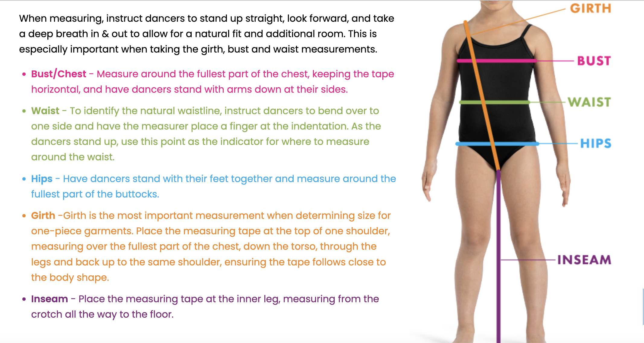 How to measure a dancer: girth from one shoulder down through the legs and back up, plus bust, waist, hips, and inseam.