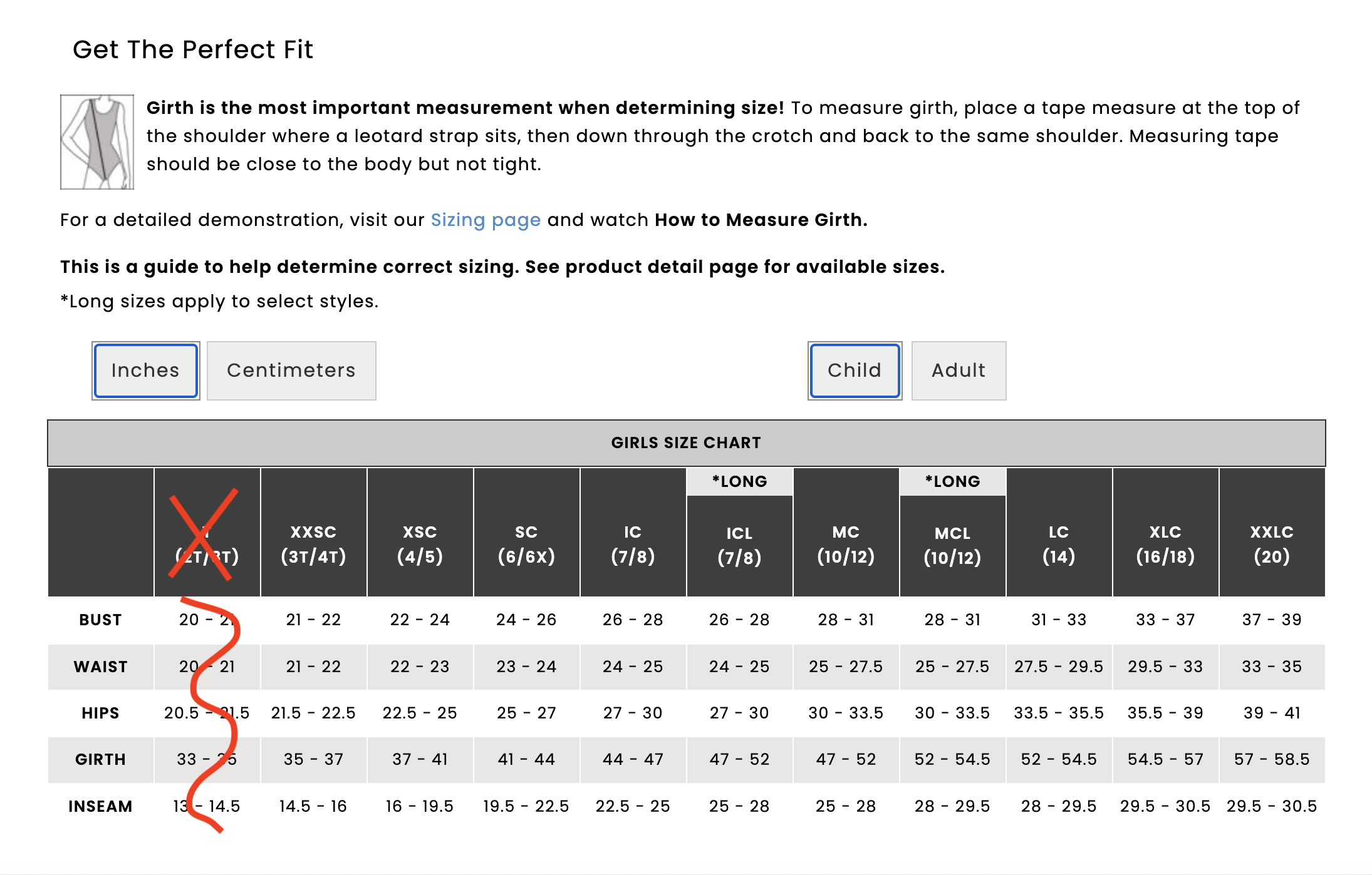 Girls size chart. Girth is 35 to 37 inches for XXSC (3T/4T), 37 to 41 for XSC (4/5), 41 to 44 for SC (6/6X), and 44 to 47 for IC (7/8).